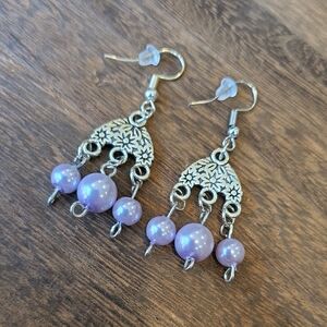Handcrafted Floral Silver Tone Lavender Bead Lightweight Dangle Earrings